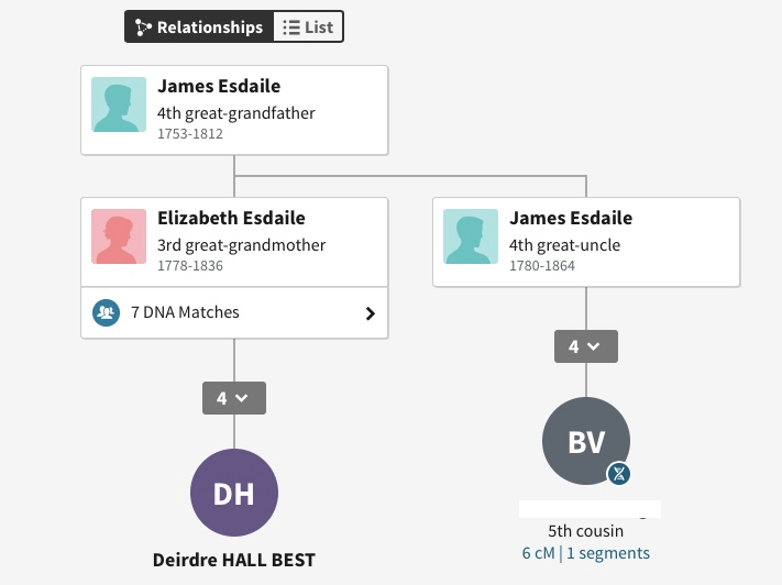 an image of a ThruLines screen showing Esdaile ancestors