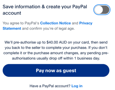 screenshot of Pay as guest for PayPal